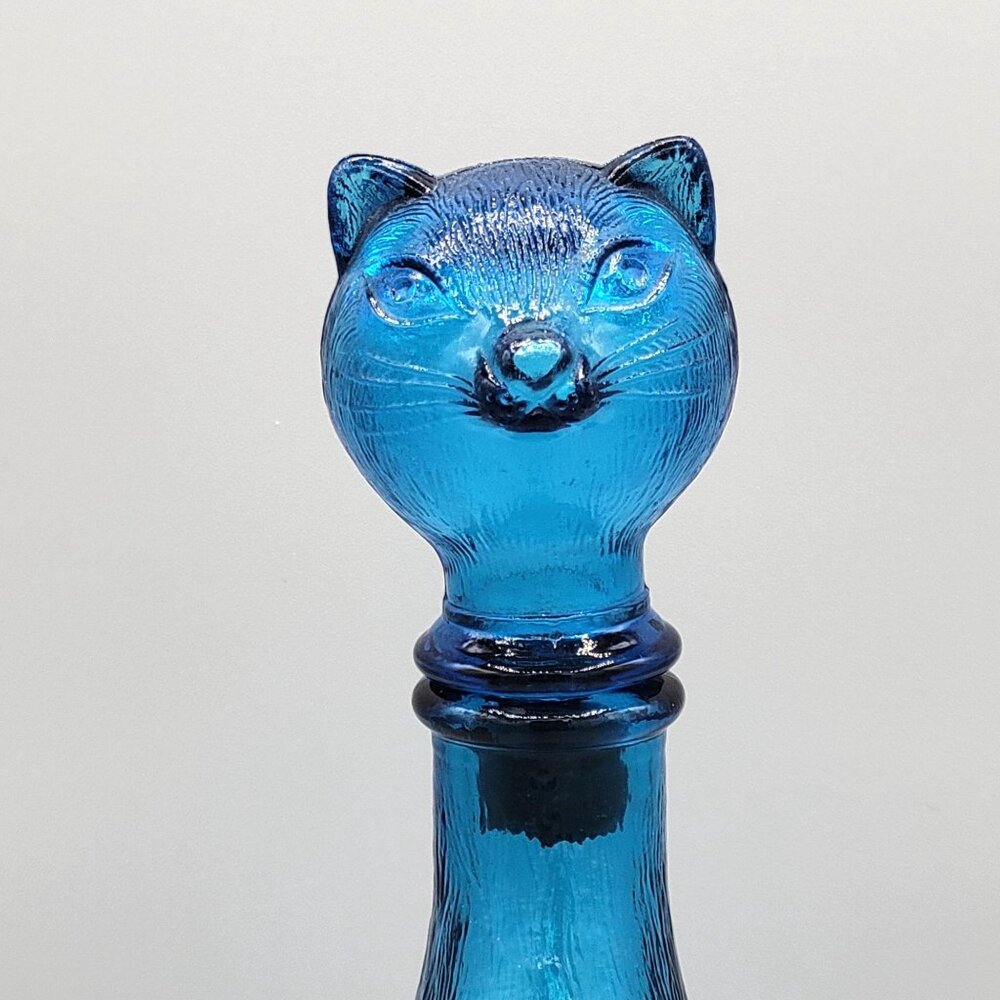 Vintage Italian Empoli Blue Glass Cat Decanter Bottle Figural 9 Inch Tall 1960s - Picture 5 of 13